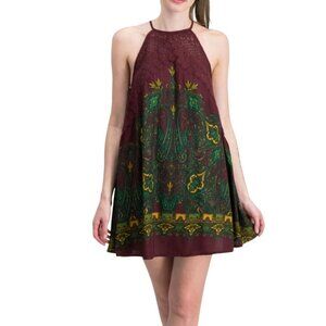 Womens XS Free People Burgundy Green Paisley Lace Halter Mini Dress Boho Casual